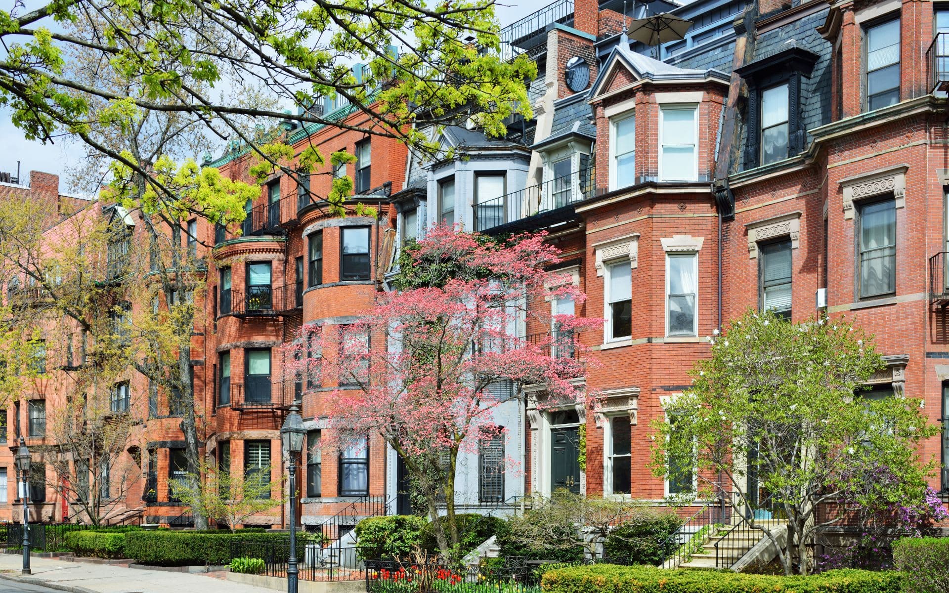 A row of brick apartment buildings in Boston