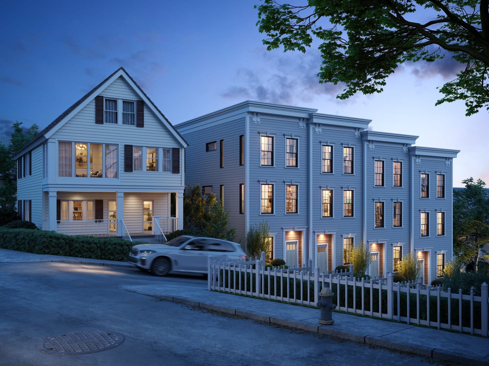 Newly built homes on a Greater Boston street