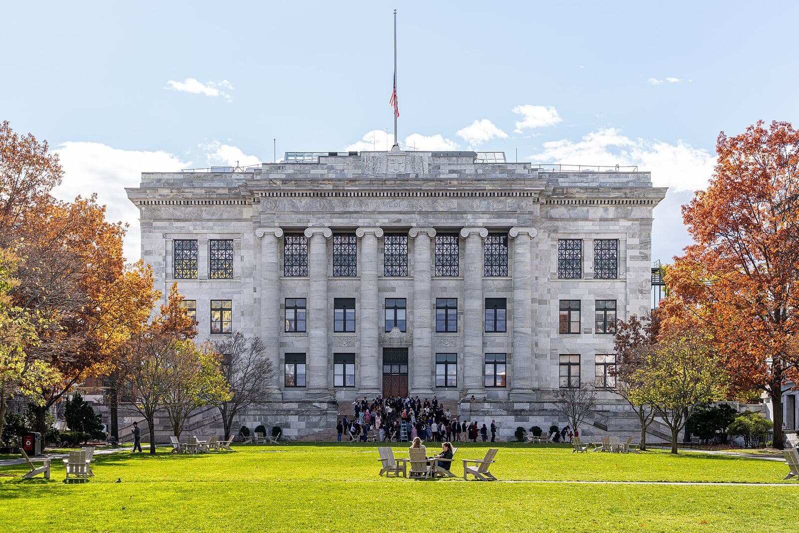 Harvard Medical School's marble quadrangle in autumn