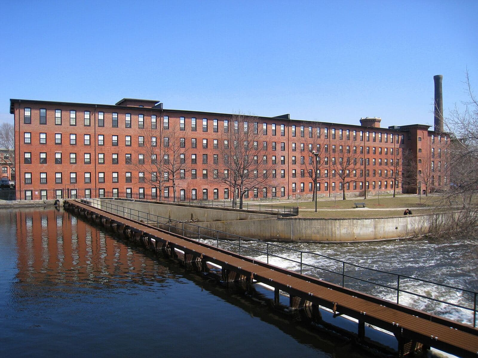 The brick Boston Manufacturing Company mill on the Charles River
